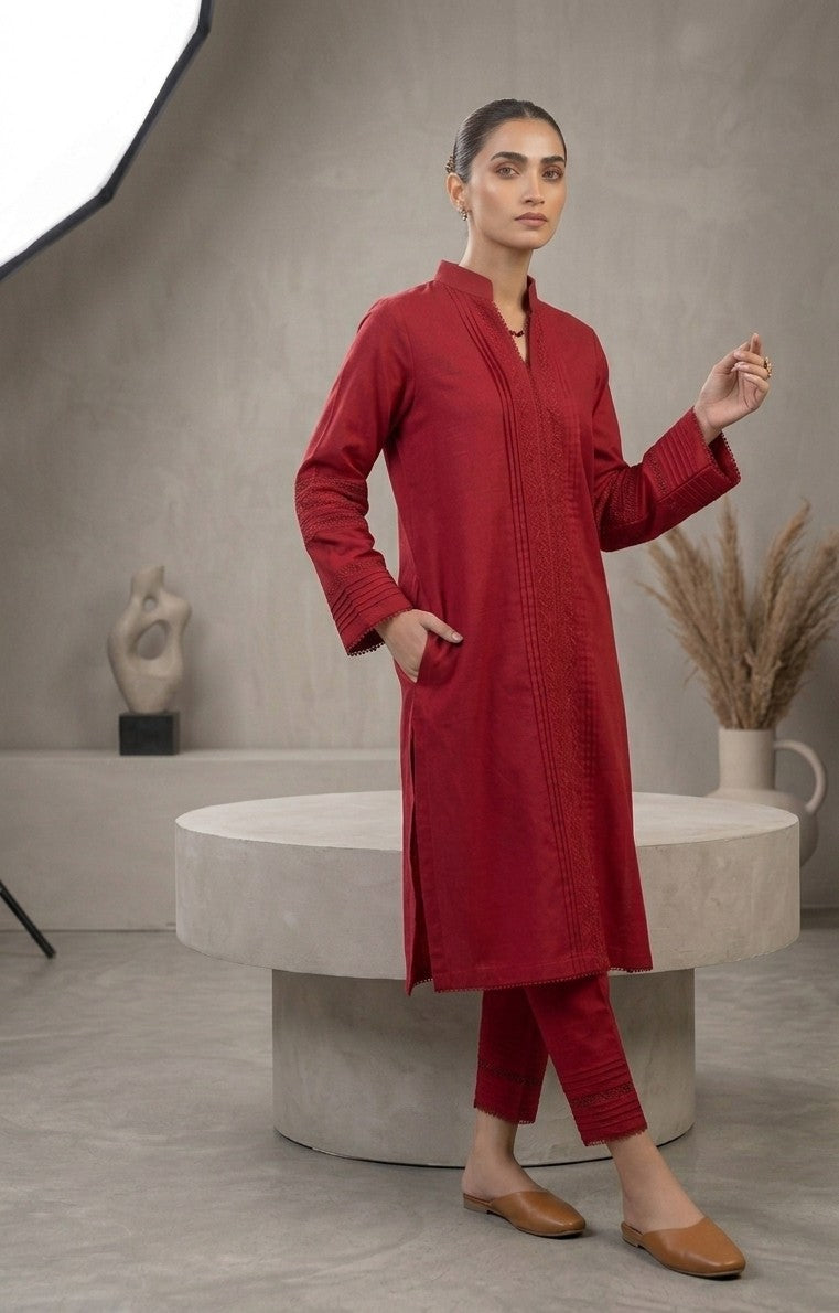 Elegant Ruby Red Straight Cut 2-Piece Casual Suit