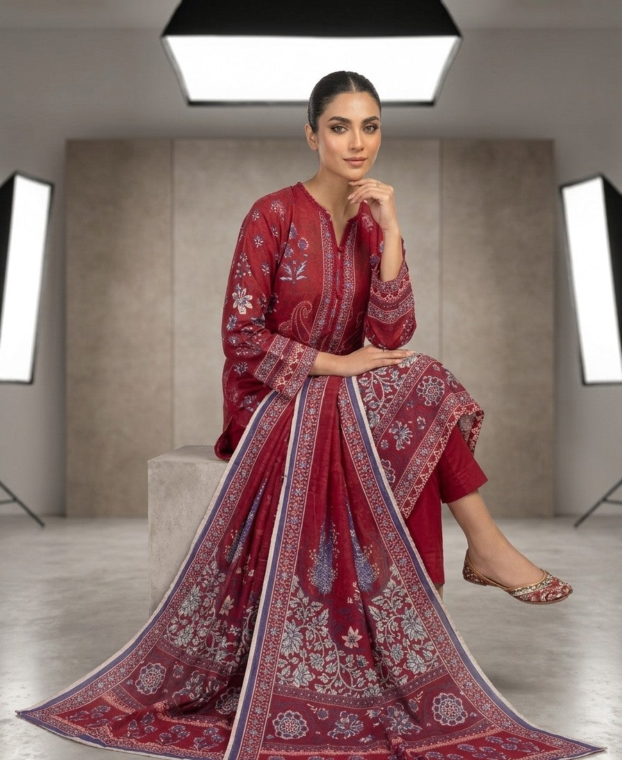 Red Printed Lawn 2-Piece Shirt-Dupatta