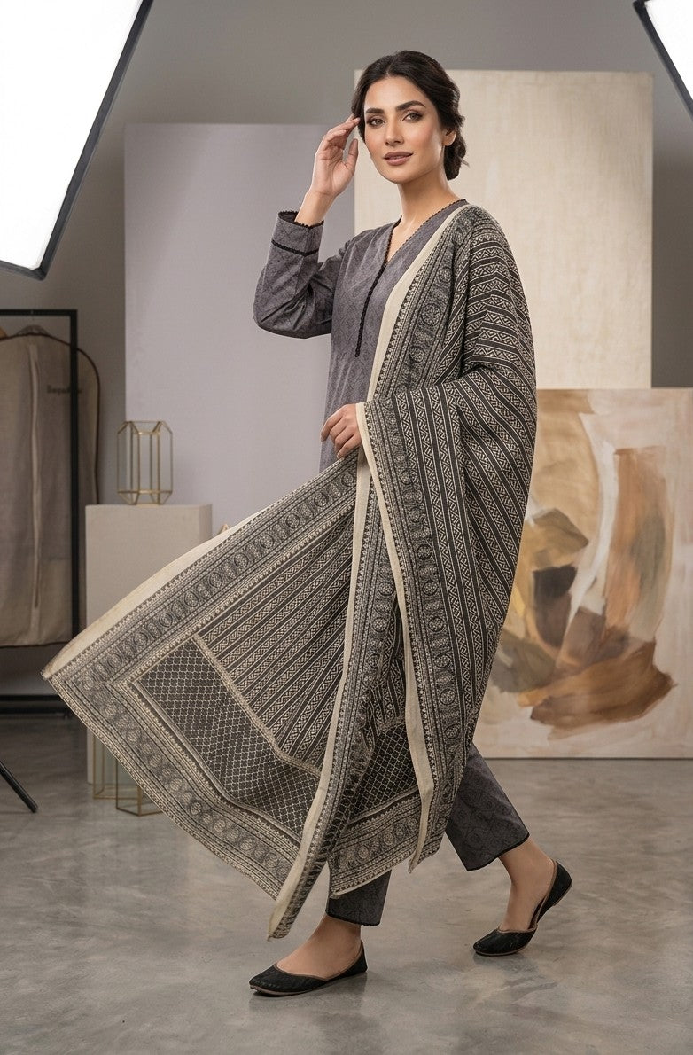 2 Piece Printed  Gray Shirt with Dupatta