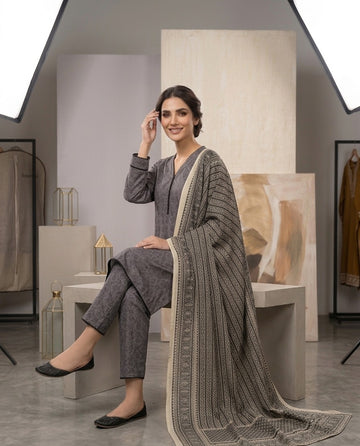 2 Piece Printed  Gray Shirt with Dupatta