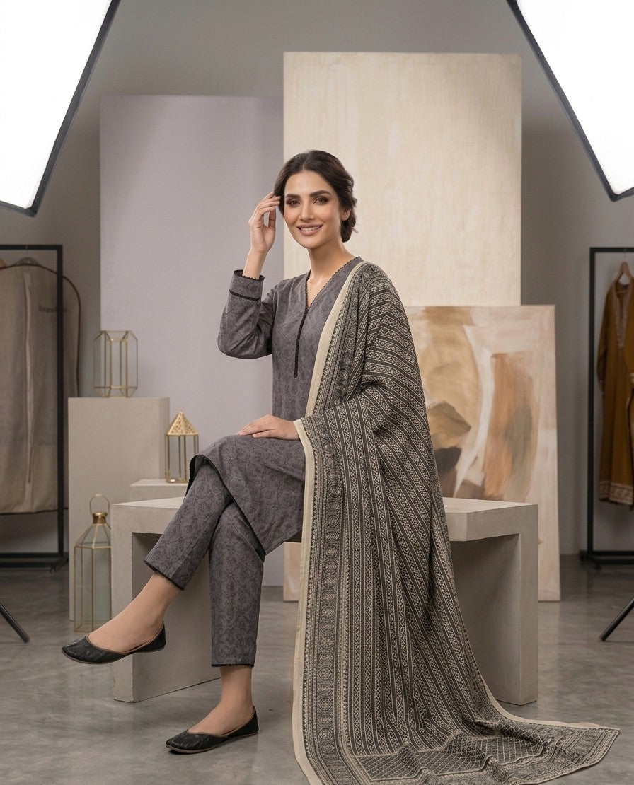 2 Piece Printed  Gray Shirt with Dupatta