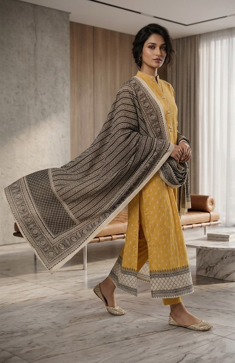 2 Piece Mustard Shirt with Printed Dupatta