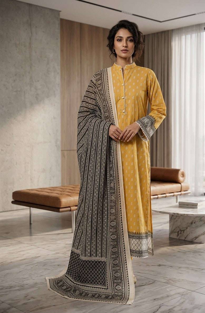 2 Piece Mustard Shirt with Printed Dupatta