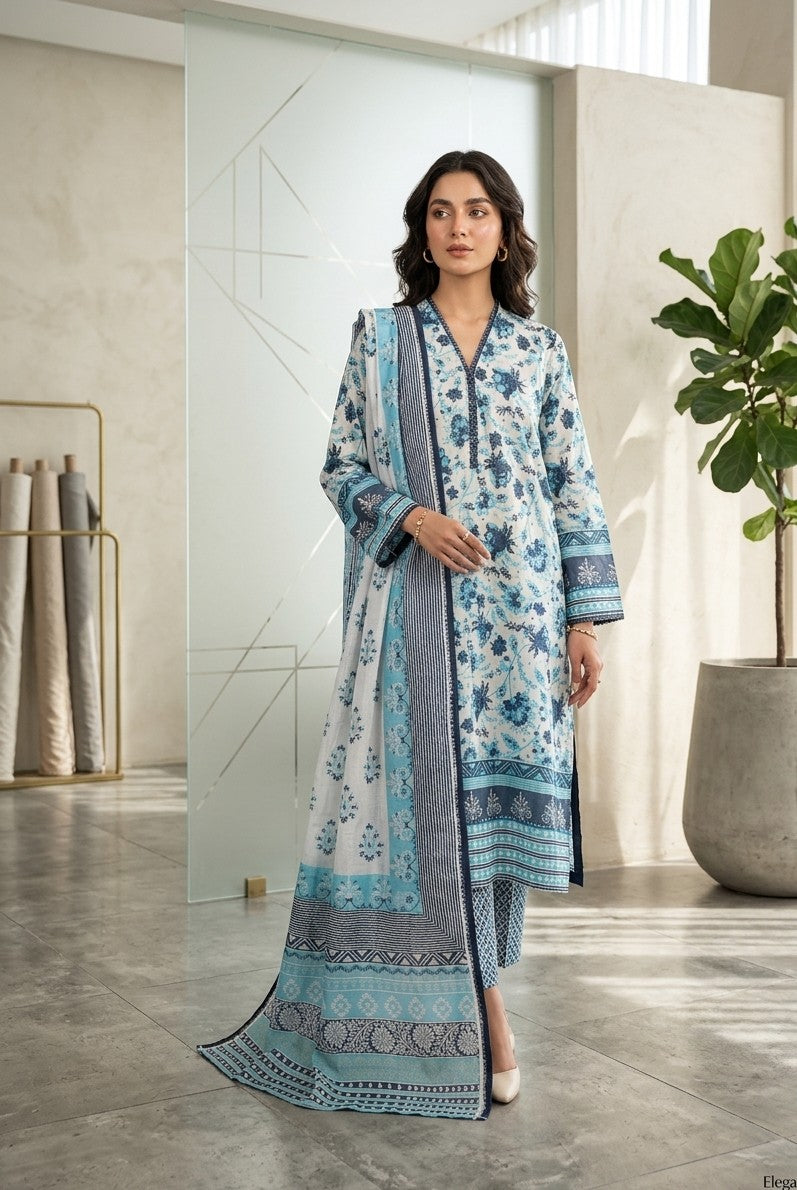 2 Piece Light Blue Shirt with Printed Dupatta