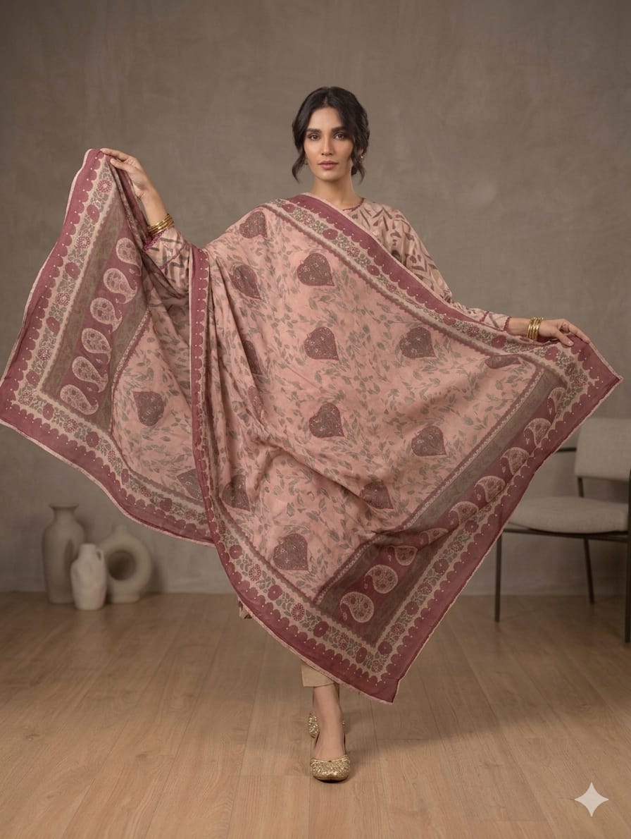 2 Piece Peach Shirt with Printed Dupatta