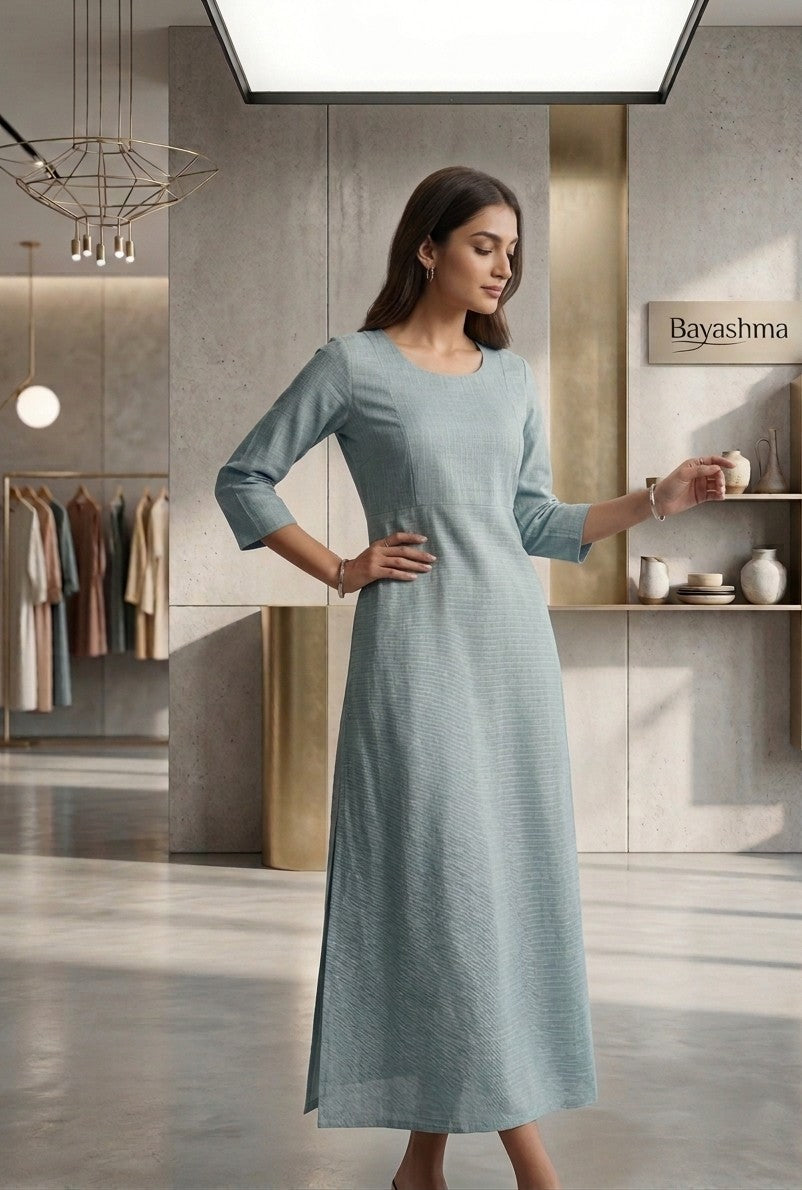 Teal A-Line Textured Long Frock