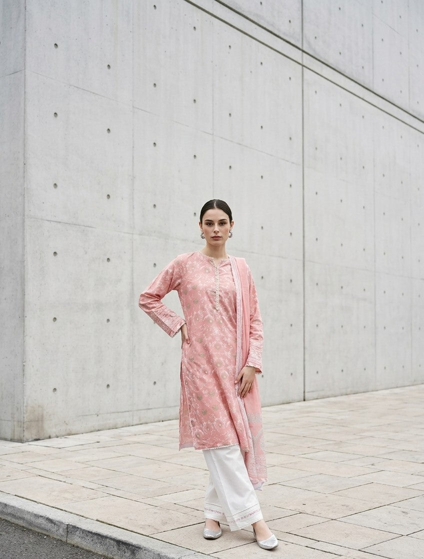 2 Piece Peach Pink Shirt with Printed Dupatta