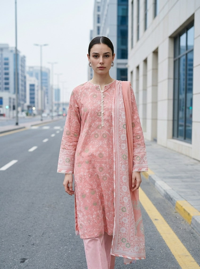 2 Piece Peach Pink Shirt with Printed Dupatta