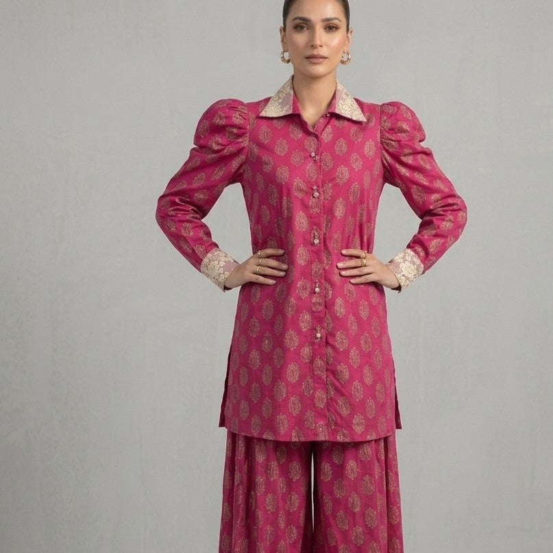 Shocking Pink Embroidered Neck & Sleeve 2-Piece Co-ord Set Bayashma 