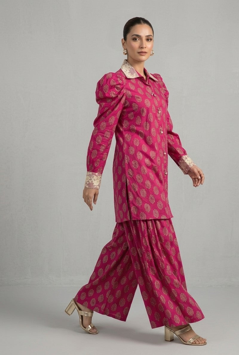 Shocking Pink Embroidered Neck & Sleeve 2-Piece Co-ord Set Bayashma 