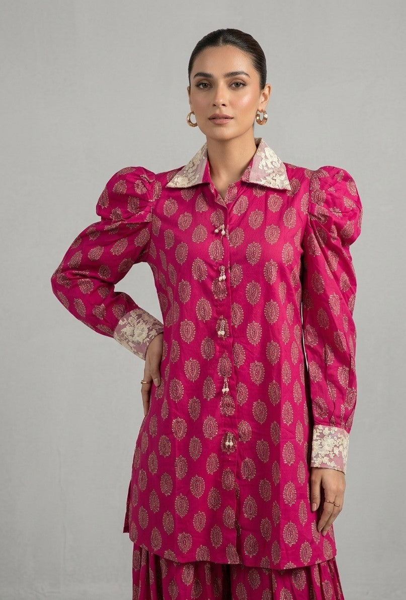 Shocking Pink Embroidered Neck & Sleeve 2-Piece Co-ord Set Bayashma 