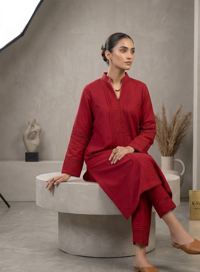 Elegant Ruby Red Straight Cut 2-Piece Casual Suit
