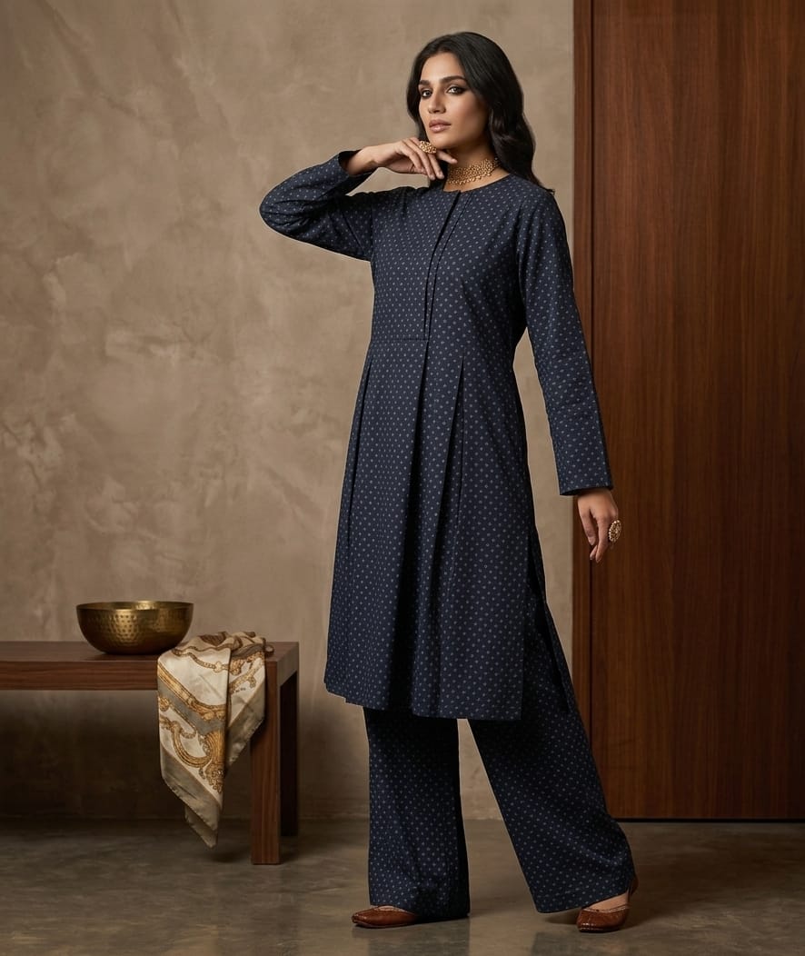 Midnight Dotted Pleated Tunic & Palazzo Set