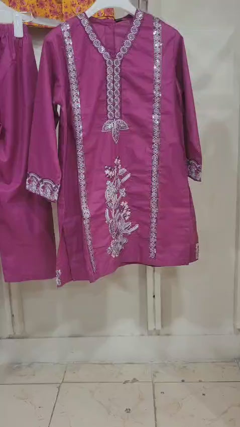 Magenta Gilded Kurta Set Kids