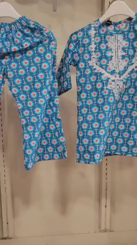 Teal Medallion Kurta Set Kids